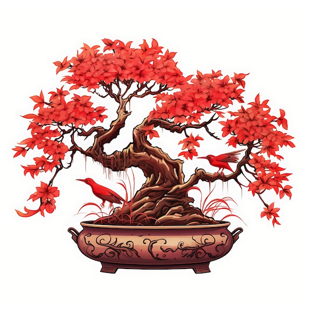 Foto aquarela árvore de bonsai de maple japonesa panela de bronze folhas de palma t-shirt clipart antigo isolado