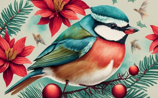 Aquarela árvore de Natal e pássaro