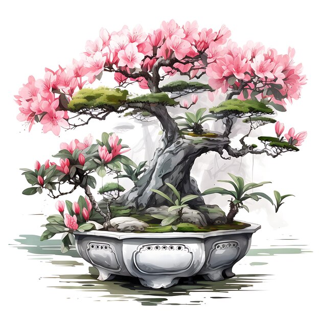 Foto aquarela azalea bonsai jade pot oval leaves zen retreat concept artis clipart t-shirt isolado