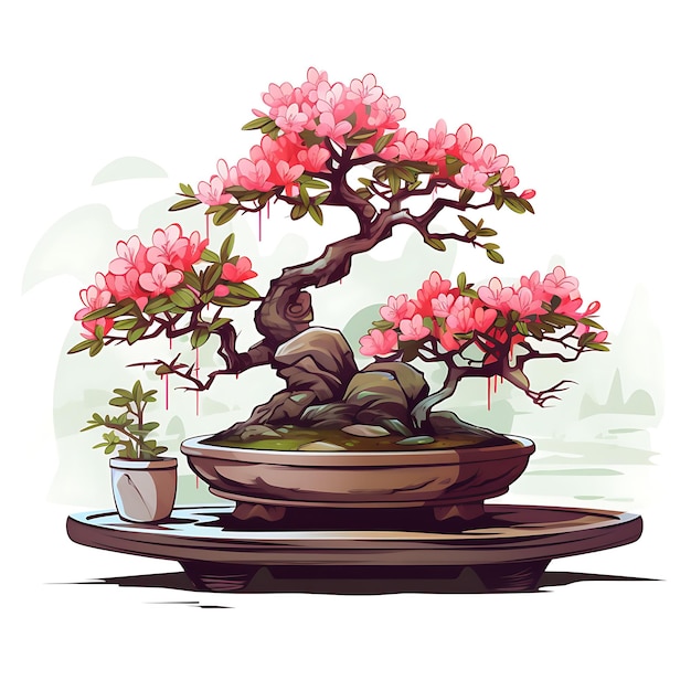 Aquarela Azalea Bonsai Jade Pot Oval Leaves Zen Retreat Concept Artis Clipart T-shirt Isolado