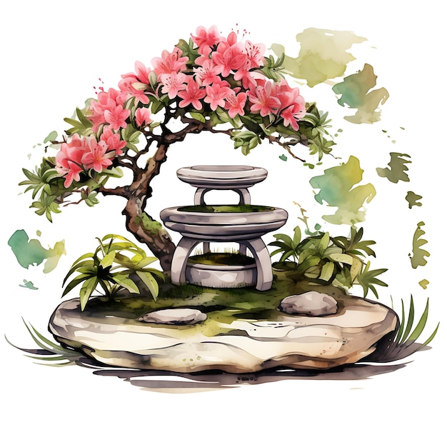 Foto aquarela azalea bonsai jade pot oval leaves zen retreat concept artis clipart t-shirt isolado