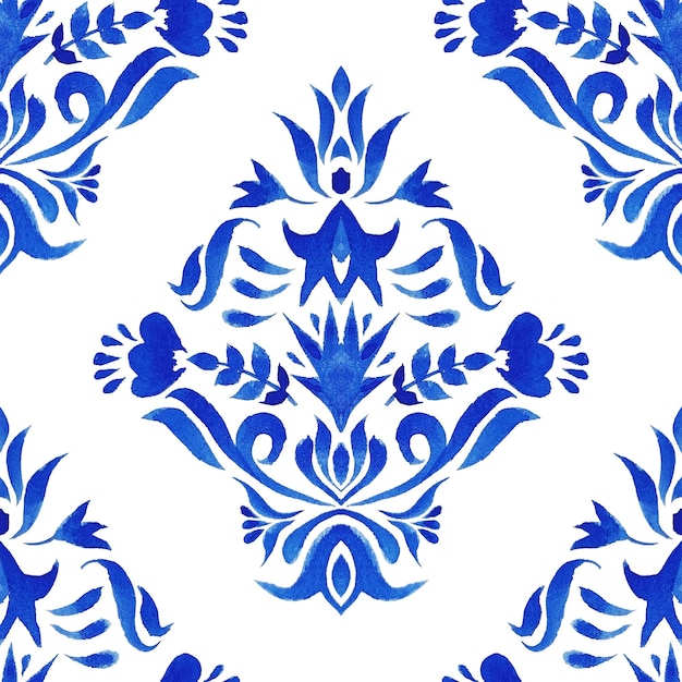 Aquarela azul damasco desenho floral desenhado à mão Ornamento de ladrilhos de padrão sem costura