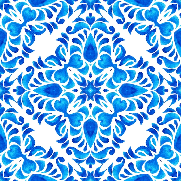 Aquarela azul damasco desenho floral desenhado à mão Ornamento de ladrilhos de padrão sem costura