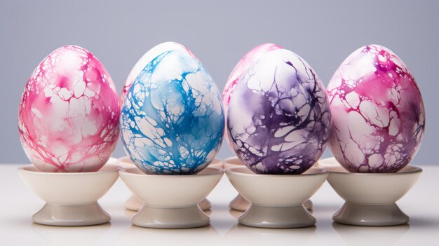 Aquarela azul pastel y rosa conjunto de pinturas de huevos de Pascua en cerámica sobre blanco