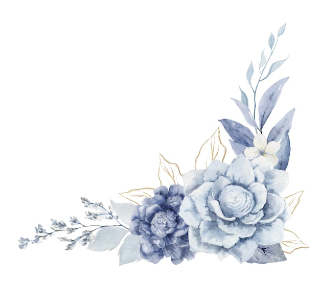 Aquarela azul poeirenta coroa floral clipart delicado com flores e folhas