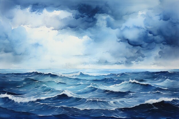 Aquarela Azul Seascape Textura Ondas do Oceano Pintura Artística Fundo Marinho Céu Nuvens