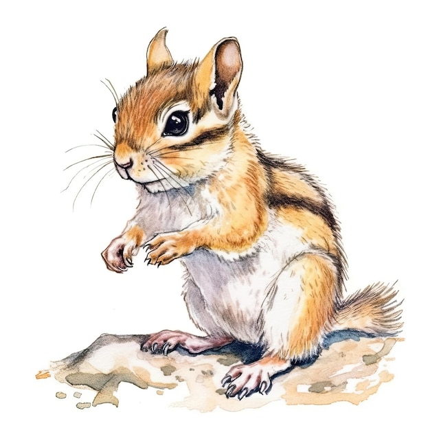 Aquarela Baby Chipmunk com contorno de tinta em fundo branco altamente detalhado AI generativo