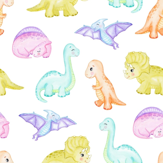 aquarela bebê dinossauro padrão sem costura em fundo branco