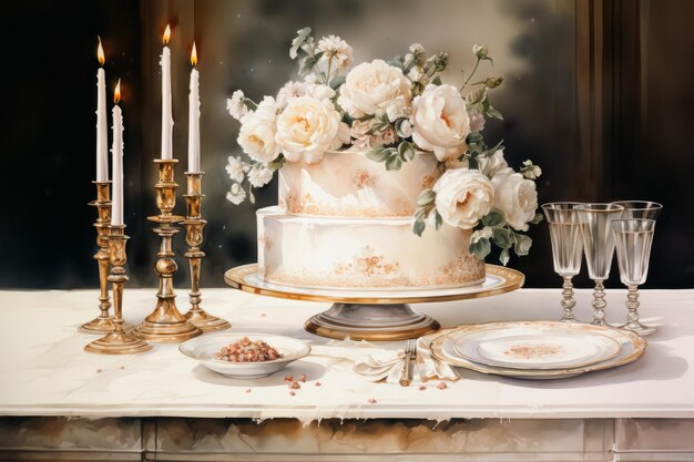 aquarela bela decoração de mesa com flores rosa e velas estilo vintage
