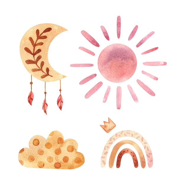 Aquarela boho clipart para decoração de berçário com lindos arco-íris e lua sol nuvem doodle ilustração desenhada à mão