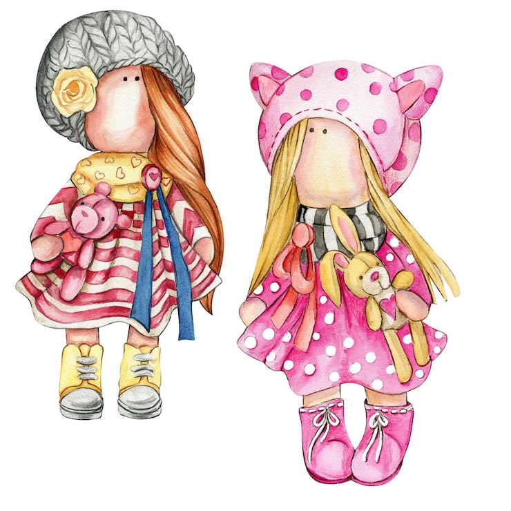 Foto aquarela boneca desenhada à mão tilda em conjunto de vestidos