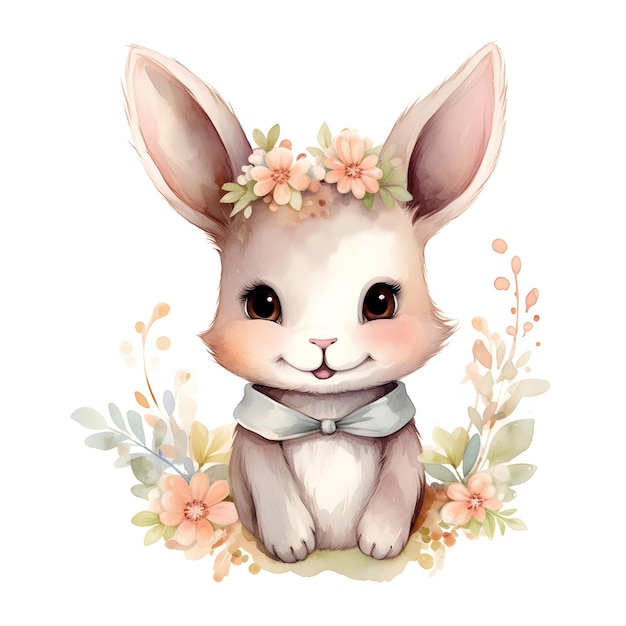 Aquarela bonito coelho de Páscoa vestindo coroa de flores fundo para papel de parede impressão arte de embrulho