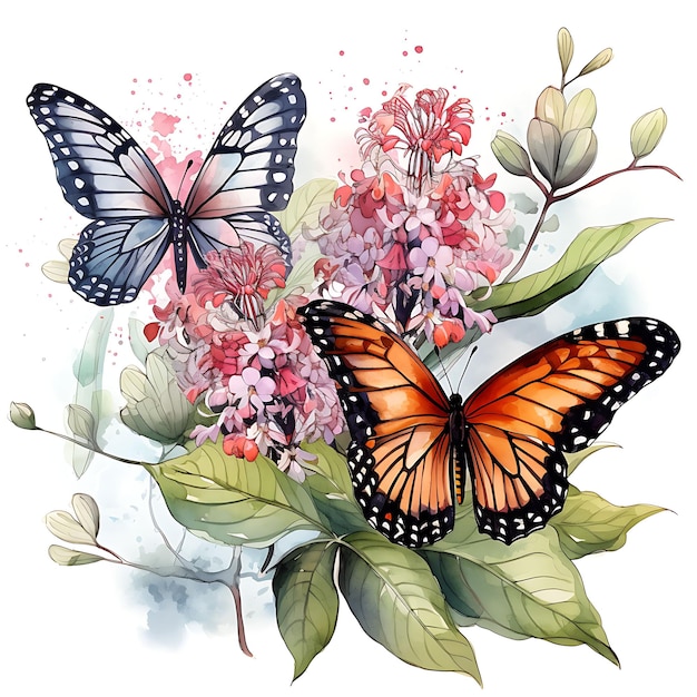 Aquarela borboleta animal selvagem cercado por fluxo de serralha em fundo branco arte digital
