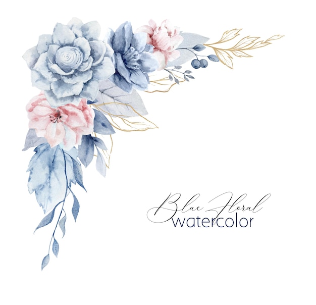 Aquarela borda de canto floral azul-rosa poeirenta flores e ramos moldura ilustração desenhada à mão