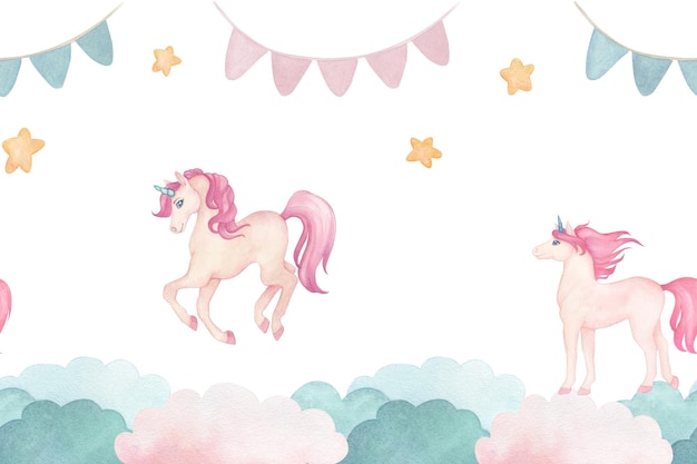 Aquarela borda ou moldura sem costura com ilustração de desenho animado bonito conto de fadas unicórnios cor-de-rosa bandeiras e nuvens Para decorar papel de parede de quarto de crianças cartões e convites