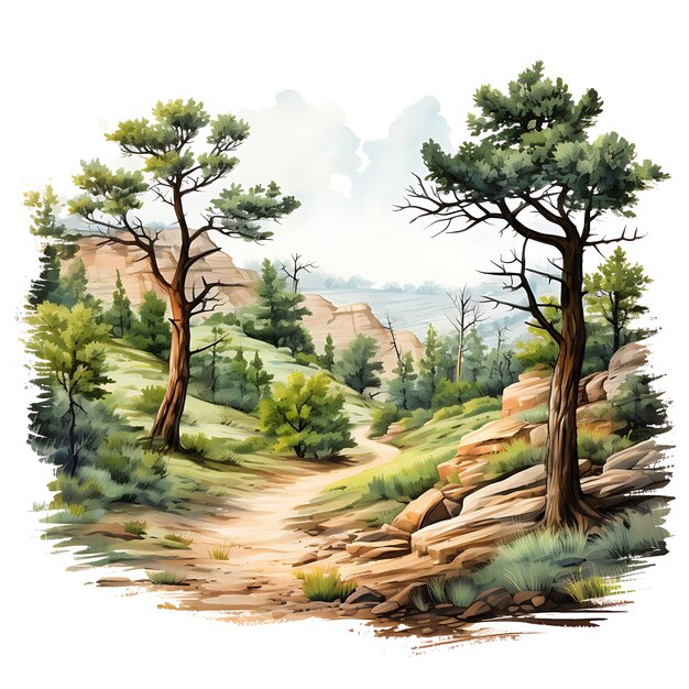 Foto aquarela del bosque de árboles de cedro con verde aromático y marrón rojizo app clipart camiseta aislada