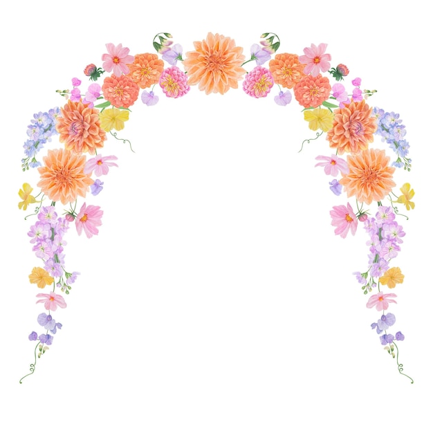 Aquarela botánica con cuadros coloridos de flores de verano y otoño dahlia zinnia lathyrus gillyflower