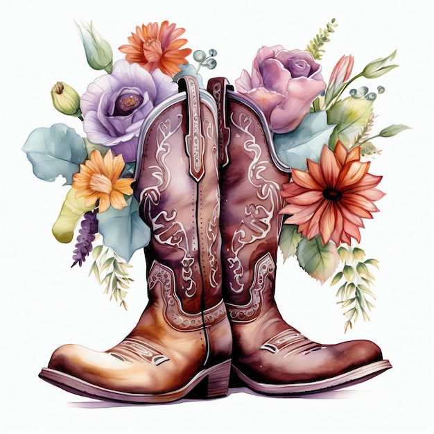 Aquarela botas florais oeste selvagem oeste cowboy deserto ilustração clipart