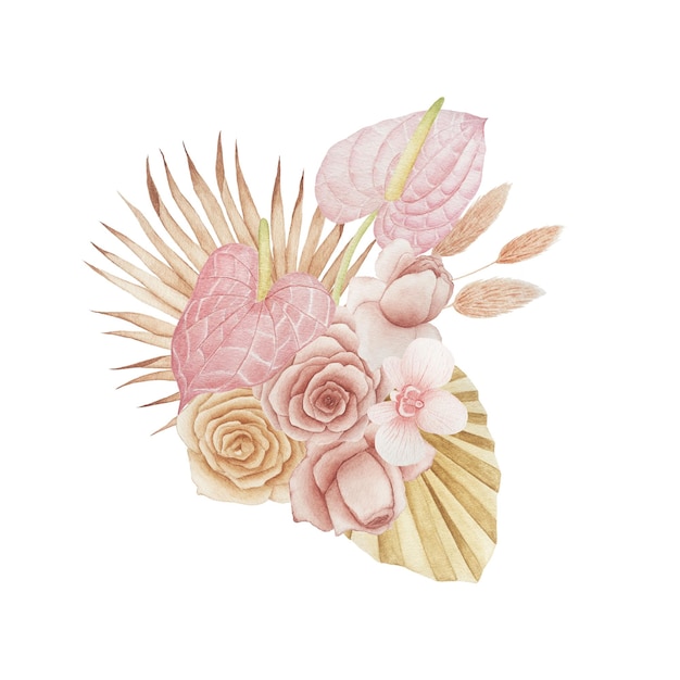 Aquarela bouquet tropical Anthurium rosas orquídeas pampas grama folhas de palmeira secas Bohemian boho
