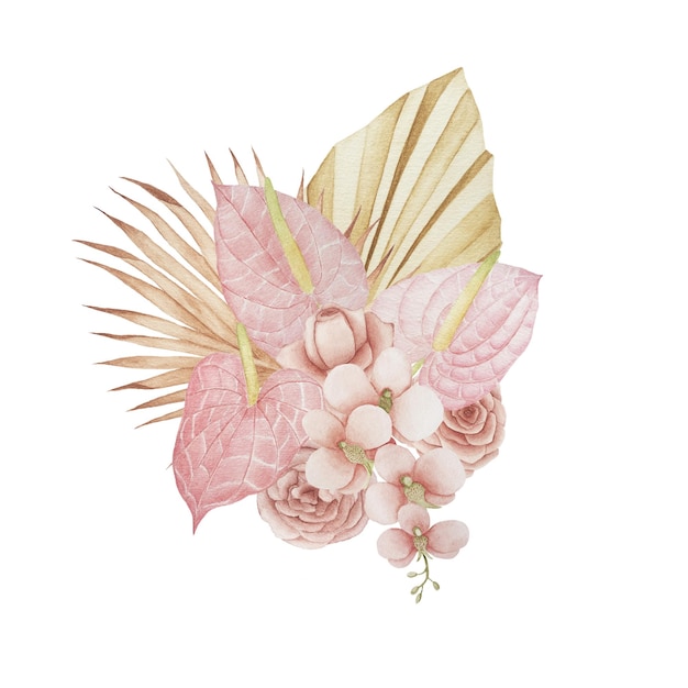 Aquarela bouquet tropical Anthurium rosas orquídeas pampas grama folhas de palmeira secas Bohemian boho