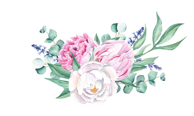 Aquarela buquê branca e rosa peônia lavanda eucalipto ilustração pintada à mão isolada em
