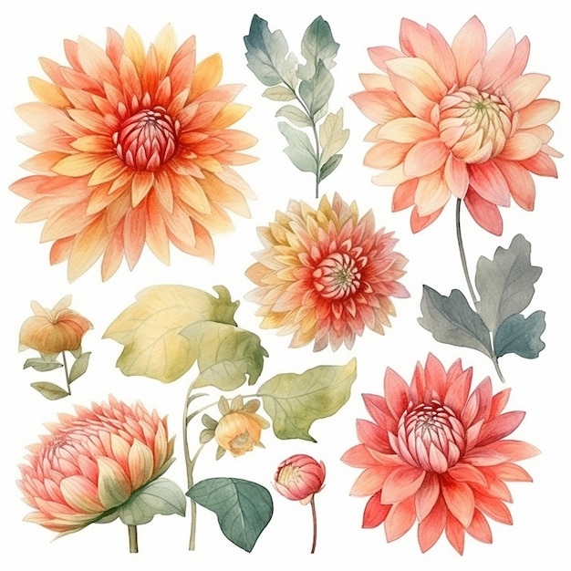 Aquarela buquê de flores Dália com folhas