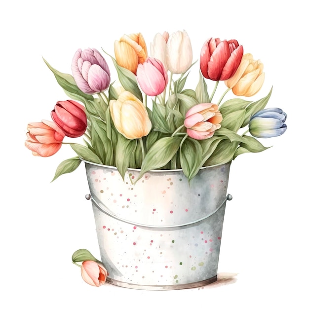 Aquarela buquê tulipas no balde. Ilustração botânica. IA generativa