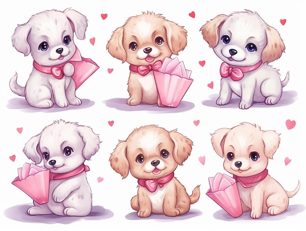 Aquarela cachorros bonitos com elementos de amor conjunto coração balões amor gravata amor envelope sorriso rosto