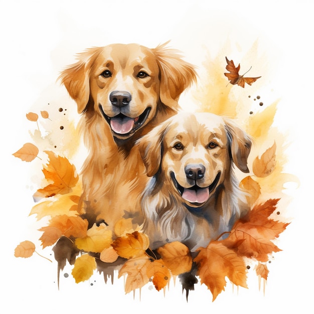 Aquarela Cães na Temporada de Outono Clipart