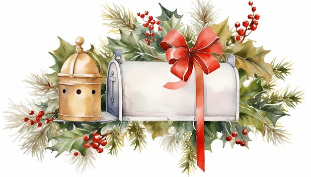 Foto aquarela caixa de correio de natal branco série de ouro bege fundo branco
