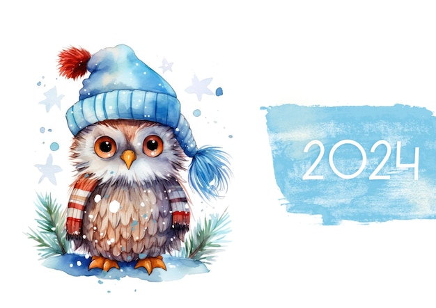 Aquarela Calendário de Coruja de Natal 2024