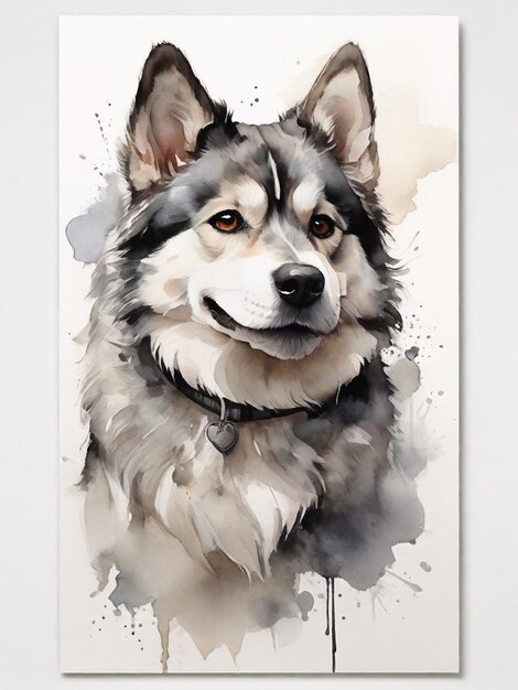 aquarela cão hasky cinemático fundo branco preto com branco