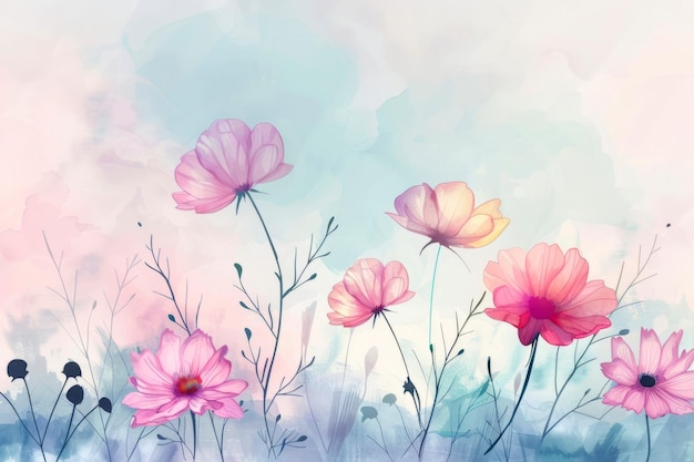 Aquarela caprichosa de flores do cosmos contra um fundo pastel sonhoso perfeito para adicionar um toque de magia IA geradora