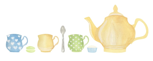 Aquarela caprichosa de un juego de té tazas cuchara tetera macarrón y pastel en tonos pastel suaves perfecto para invitaciones impresiones de cocina o niños ilustraciones de libros paquetes scrapbooking