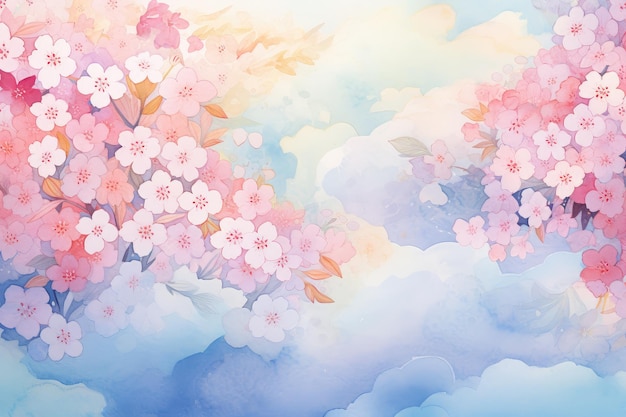 Aquarela caprichosa Sakura Flores delicadas à deriva em pastéis sonhadores IA generativa