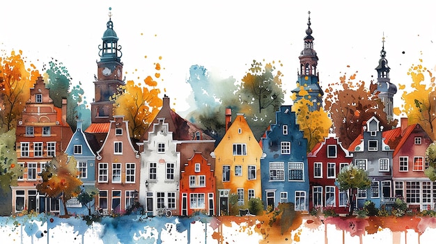 Aquarela Cartão postal turístico de casas holandesas