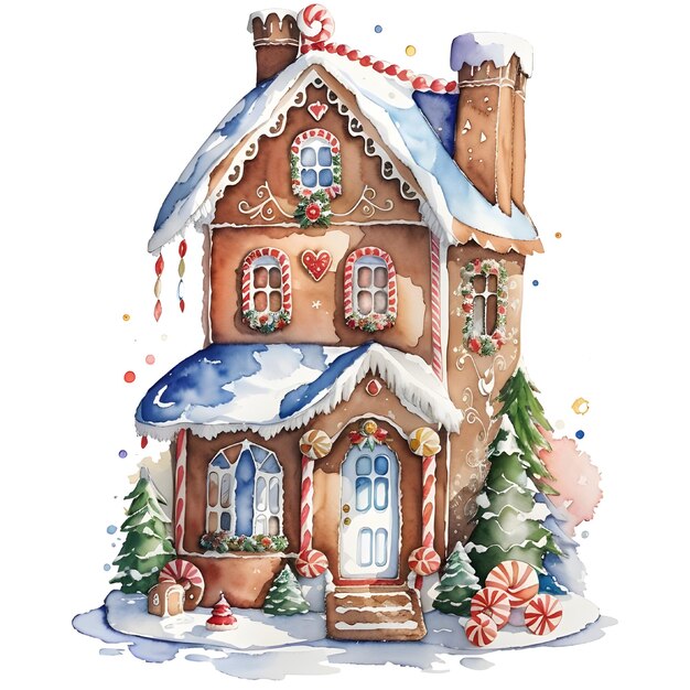 Aquarela casa de pan de jengibre Ilustración navideña Diseño de vacaciones