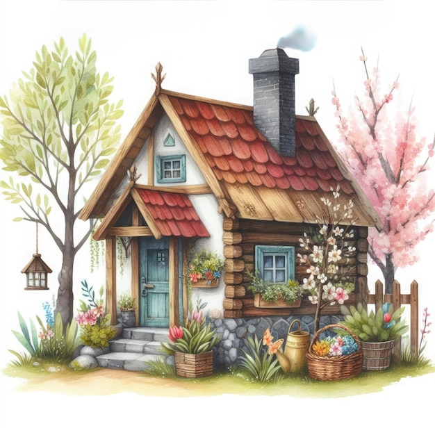 Aquarela de la casa de la primavera Clipart