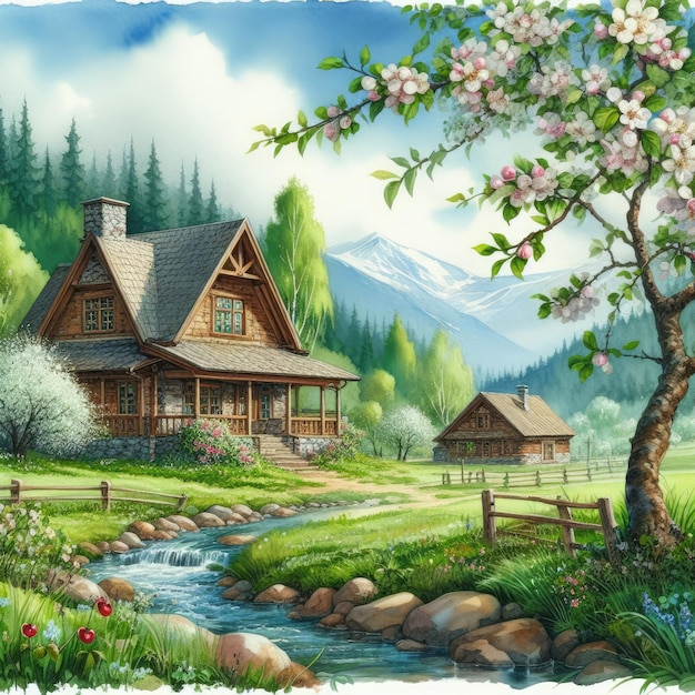 Aquarela de la casa de la primavera Clipart