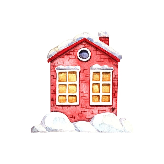 Aquarela casa vermelha na neve, nevascas isoladas ilustração em um fundo branco