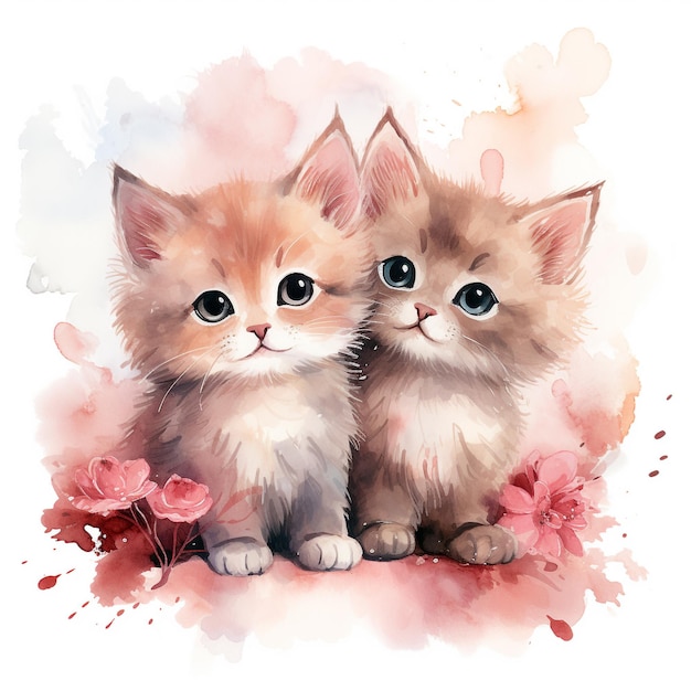 Aquarela casal gato valentine romântico