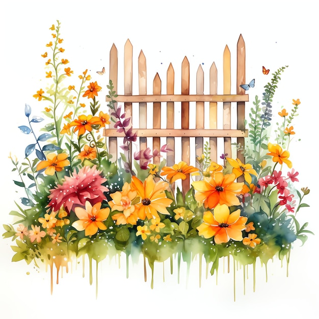 aquarela cerca de jardim de outono com flores ilustração clipart floral de primavera