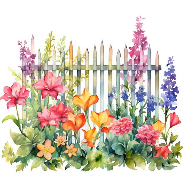 aquarela cerca de jardim de verão com flores ilustração clipart floral de primavera