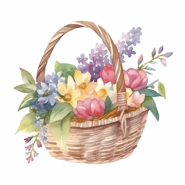 Aquarela cesta com flores e folhas. cesta de aquarela com flores e folhas em um fundo branco. mão desenhada ilustração. para cartão de saudação, pôster, cartão postal ilustração stock