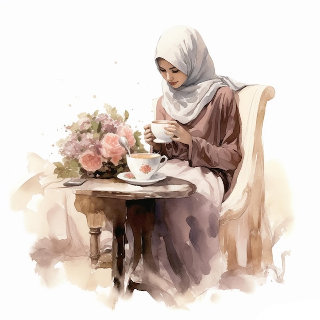 Aquarela una chica musulmana con hijab sentada en un café