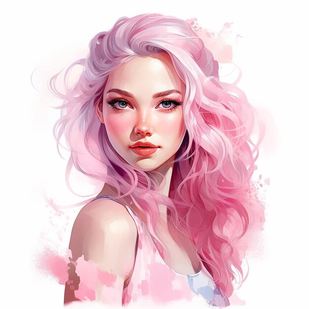 Foto aquarela chica wirh cabello rosado aislado en blanco