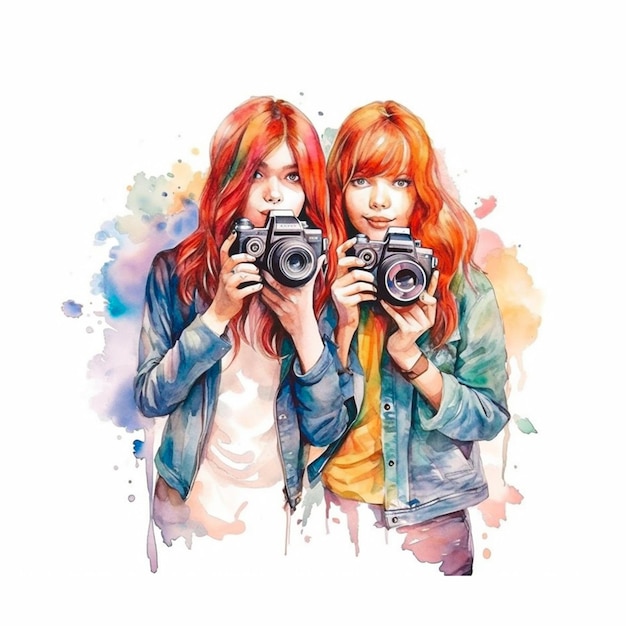 Aquarela chicas lindas sosteniendo una cámara sobre un fondo blanco