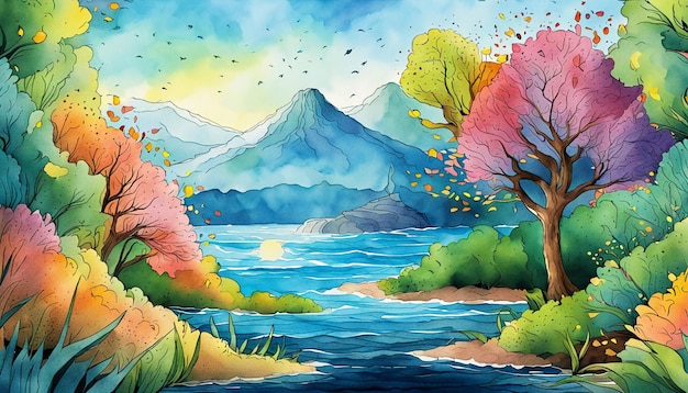 Aquarela chinesa colorida Tinta de pintura a óleo Estilo Montanha Lago Árvore Grama Céu Nuvens