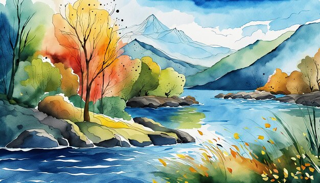 Aquarela chinesa colorida Tinta de pintura a óleo Estilo Montanha Lago Árvore Grama Céu Nuvens