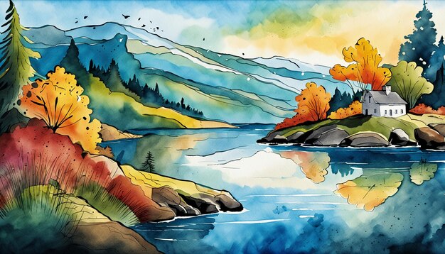 Aquarela chinesa colorida Tinta de pintura a óleo Estilo Montanha Lago Árvore Grama Céu Nuvens